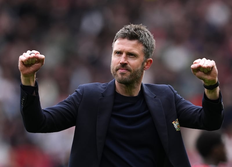 Manchester United manager Michael Carrick celebrates following the Premier League match against Liverpool at Old Trafford. Photograph: Martin Rickett/PA Wire
