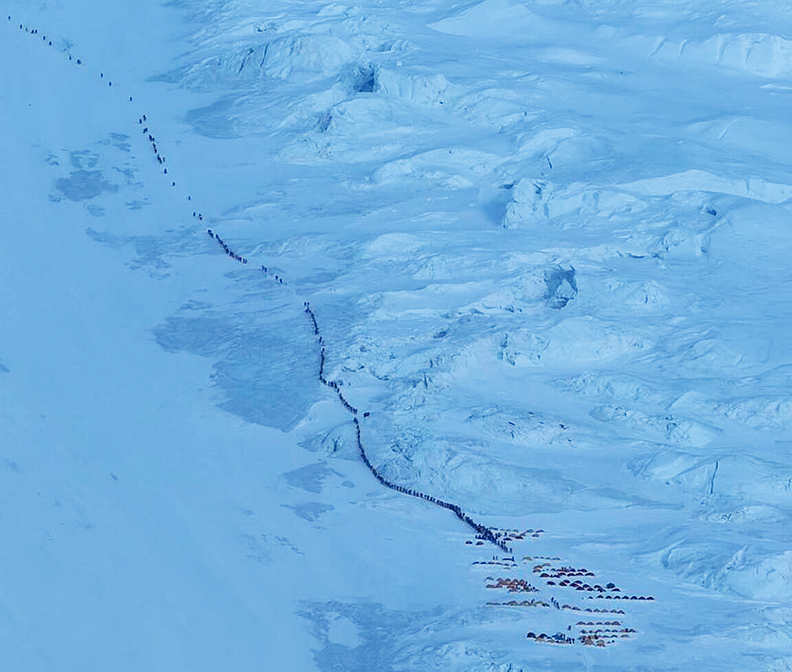endless line of tiny climbers seen from above