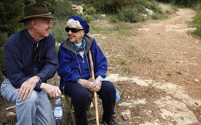An elderly couple takes a walk in the Jerusalem forest (illustrative photo credit: Miriam Alster/Flash90)