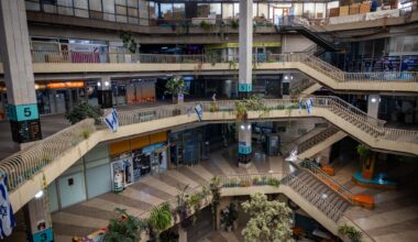 People walking inside the Clal building in central Jerusalem, on July 8, 2025 (Yonatan Sindel/Flash90)