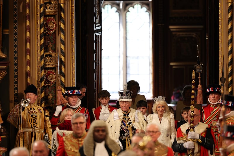 Britain's king Charles and queen Camilla walk in the State procession through the Royal Gallery during the opening of parliament at the Houses of Parliament. Photograph: Adrian Dennis/Getty Images