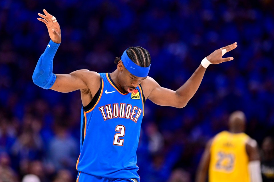 Shai Gilgeous-Alexander #2 of the Oklahoma City Thunder reacts during the fourth quarter of a game against the Los Angeles Lakers in Game One of the Second Round of the NBA Western Conference Playoffs at Paycom Center on May 05, 2026
