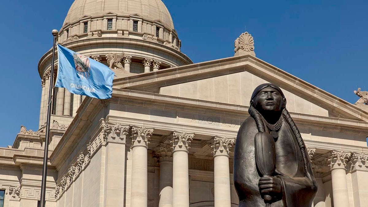 As Long as the Waters Flow sculpture by Allan Houser in front of Oklahoma State Capitol