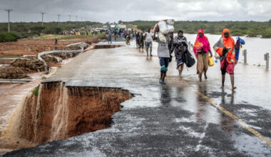 People cross a section of collapsed road during flash flooding linked to El Niño conditions on Nov. 22, 2023, near Garissa, Kenya. Credit: Luis Tato/AFP via Getty Images