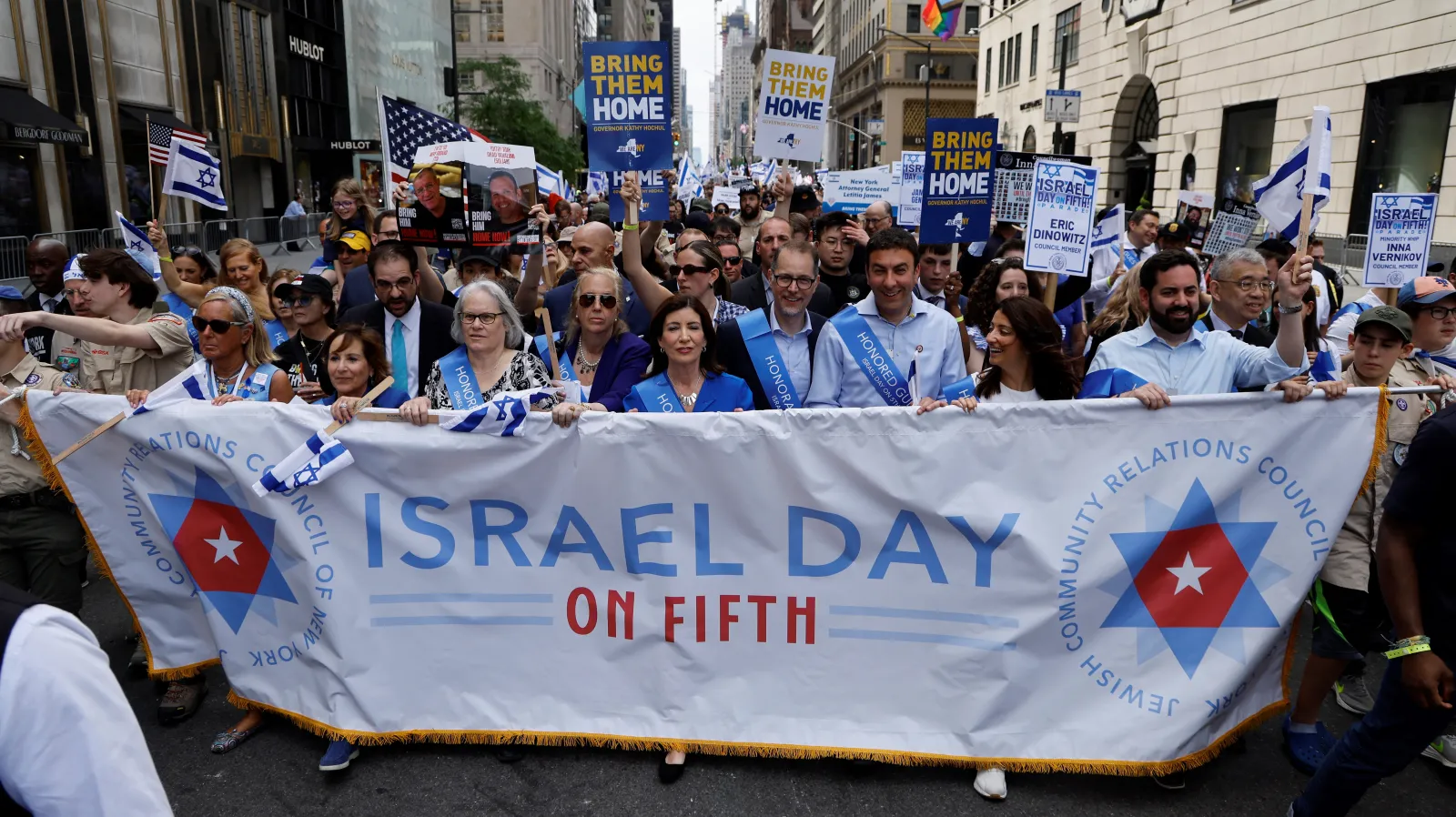 New York Governor Kathy Hochul, center, joins people marching on Fifth Avenue as they participate in the annual Israel Day Parade on June 2, 2024, in New York City.