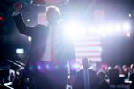 Republican presidential nominee, former President Donald Trump pumps his fist as he walks off stage at the end of a campaign rally at the Santander Arena on November 04, 2024 in Reading, Pennsylvania.