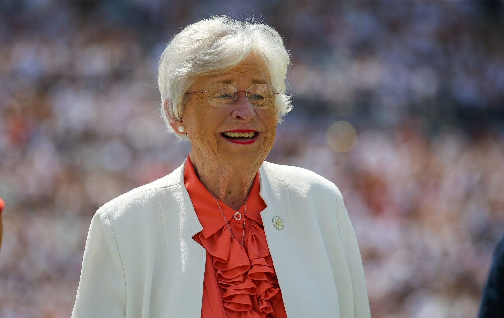 Alabama Gov. Kay Ivey participates in the homecoming ceremonies at halftime of the game between South Alabama Jaguars and Auburn Tigers at Jordan-Hare Stadium on Sept. 13, 2025 in Auburn, Ala.