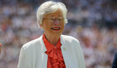 Alabama Gov. Kay Ivey participates in the homecoming ceremonies at halftime of the game between South Alabama Jaguars and Auburn Tigers at Jordan-Hare Stadium on Sept. 13, 2025 in Auburn, Ala.