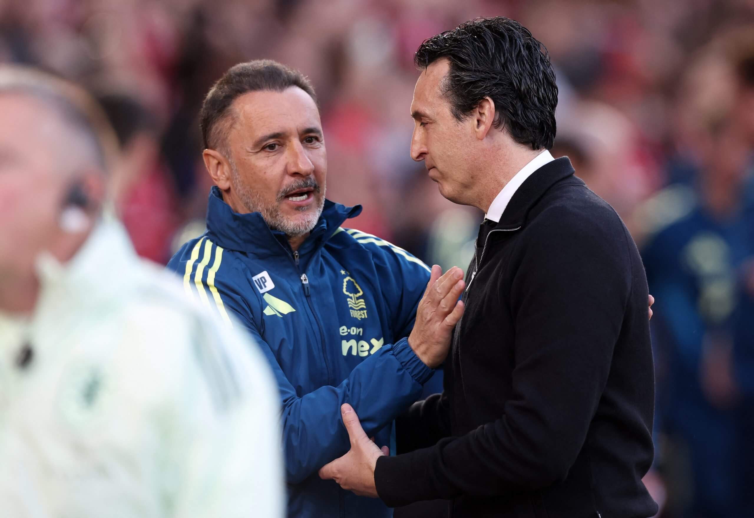 Aston Villa head coach Unai Emery greets Nottingham Forest counterpart Vitor Pereira
