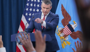 Defense Secretary Pete Hegseth takes questions during a press briefing at the Pentagon on Tuesday. (Chip Somodevilla/Getty Images)