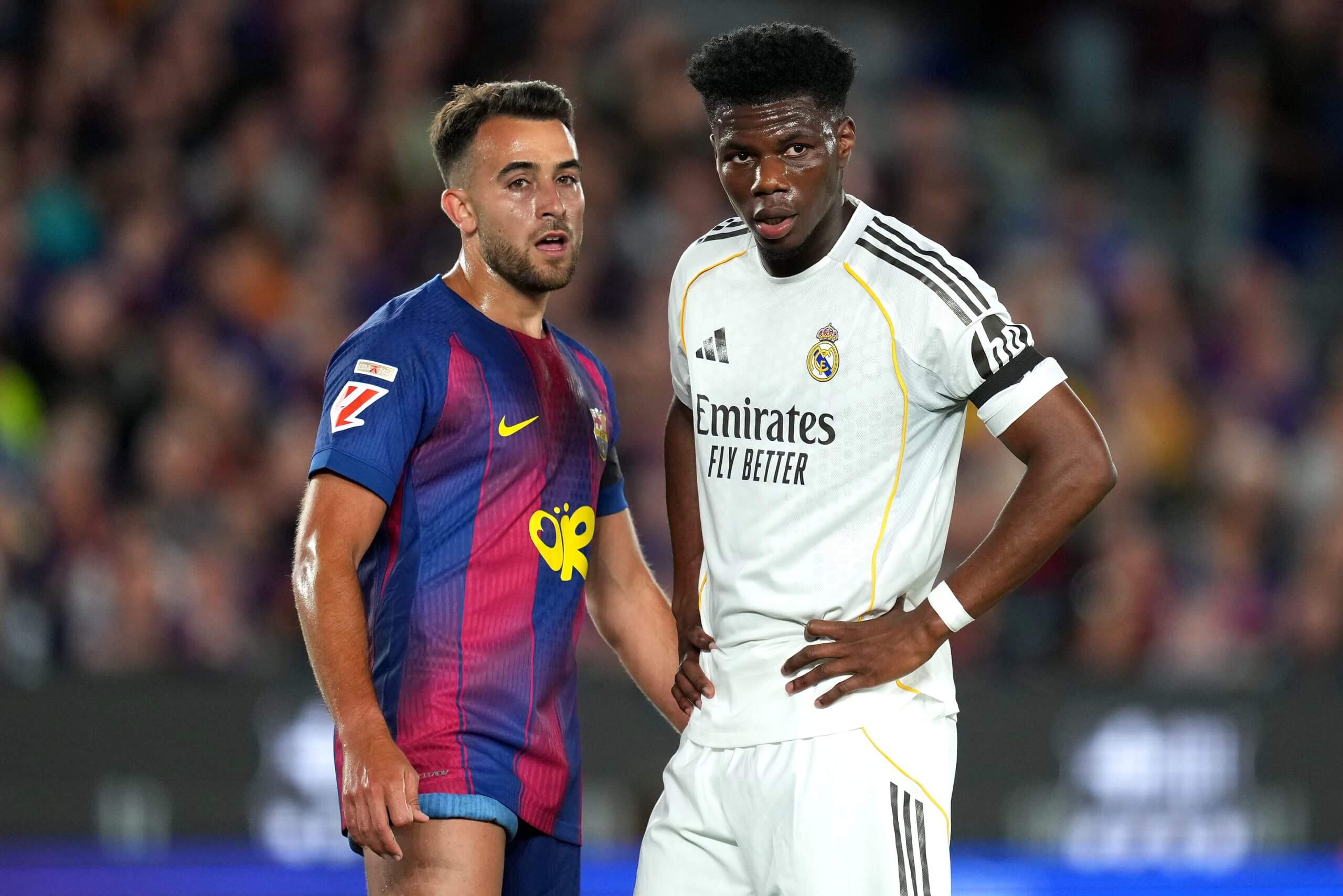 Eric Garcia and Aurelien Tchouameni on the pitch at the Camp Nou on Sunday