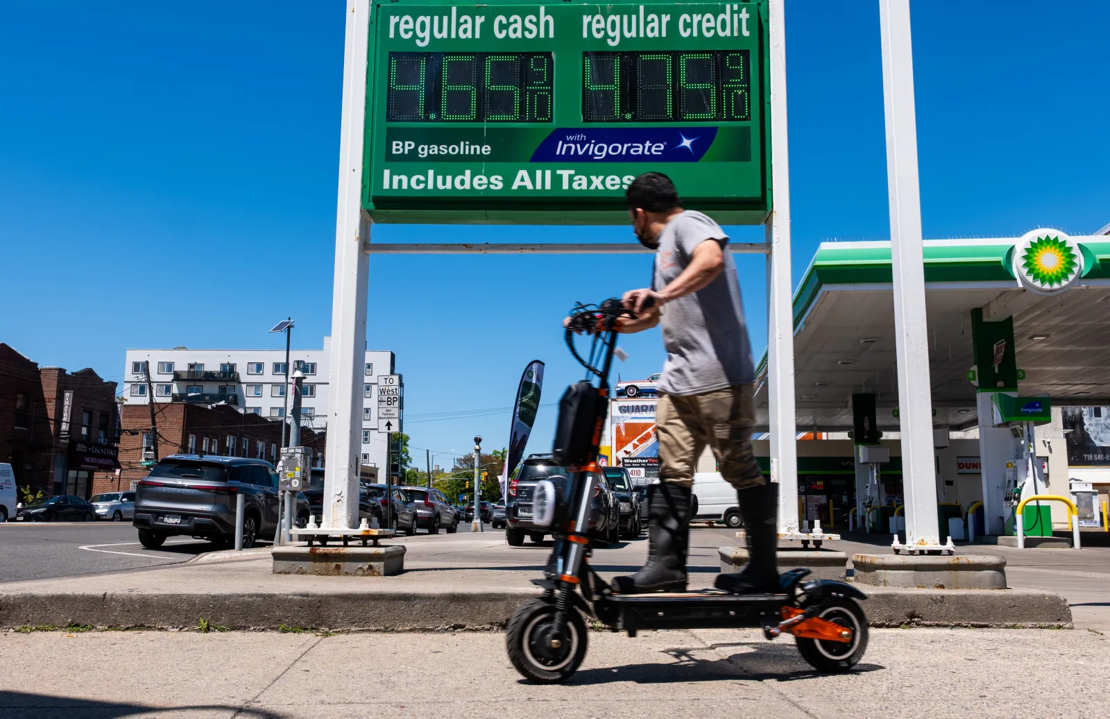Gas prices are displayed in Brighton Beach in Brooklyn, New York, on May 12, 2026.