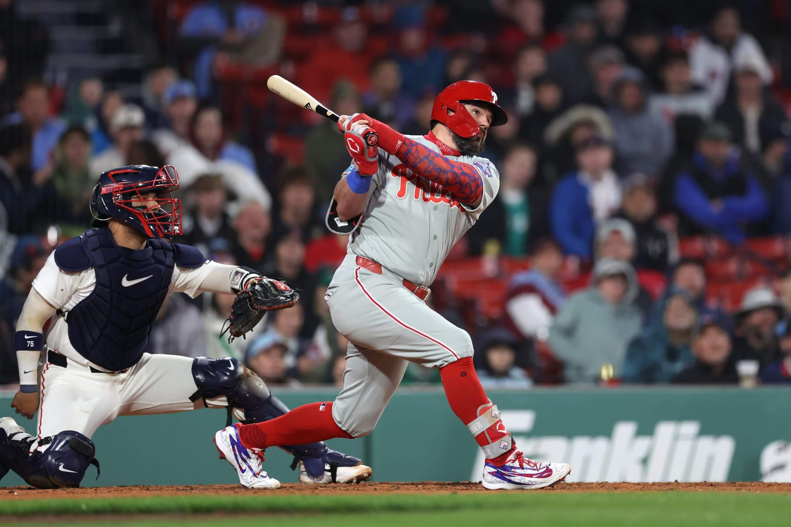 Kyle Schwarber hits a two-run homer against the Red Sox on May 14, 2026.