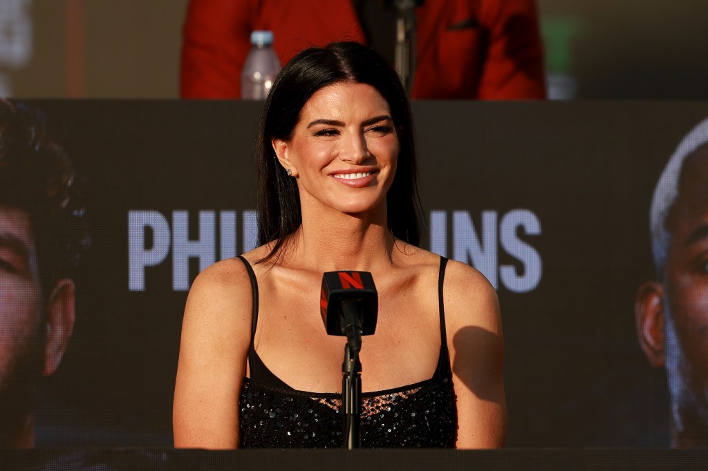 Gina Carano speaks during the Press Conference for Netflix's Ronda Rousey vs. Gina Carano at Intuit Dome on May 14, 2026 in Inglewood, California.