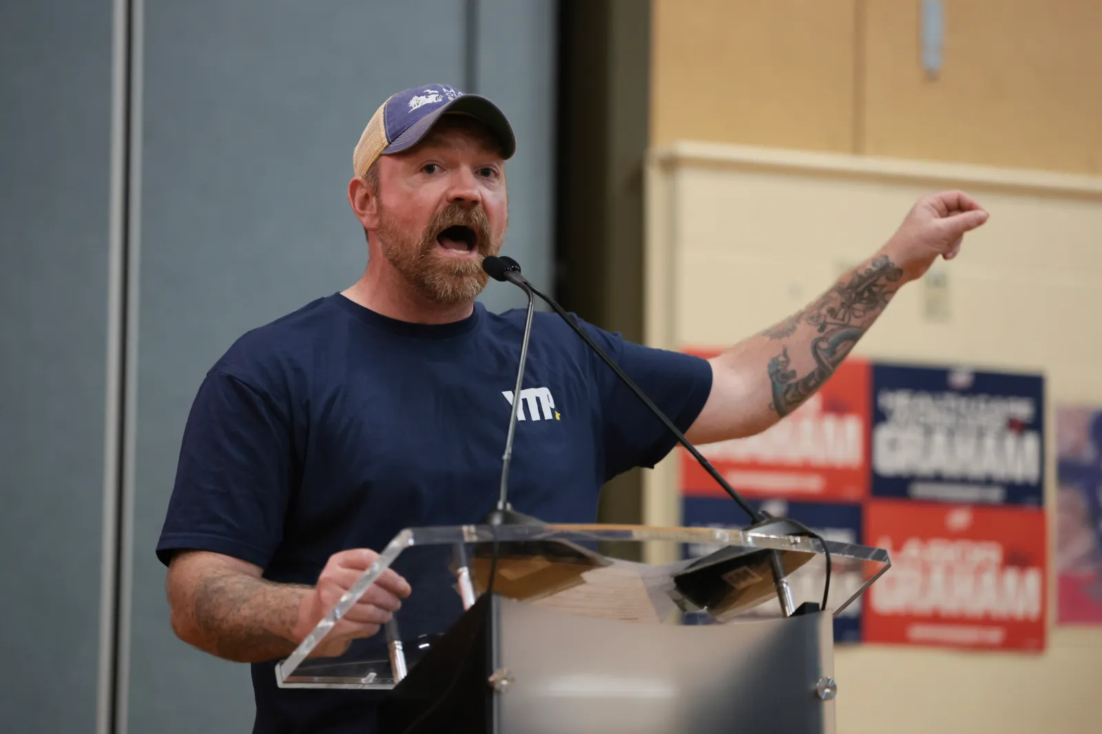 Democratic U.S. Senate candidate Graham Platner speaks during a town hall about a Vision for a Healthy Society on May 20, 2026 in Portland, Maine.