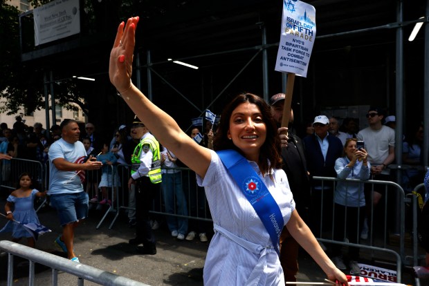 New York City Council member Inna Vernikov waves while participating in the Israel Day Parade in New York, on May 31, 2026. (Photo by Kena Betancur / AFP via Getty Images)