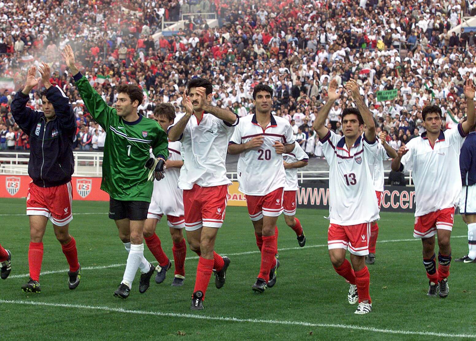 Iranian players wave to their fans at the Rose Bowl