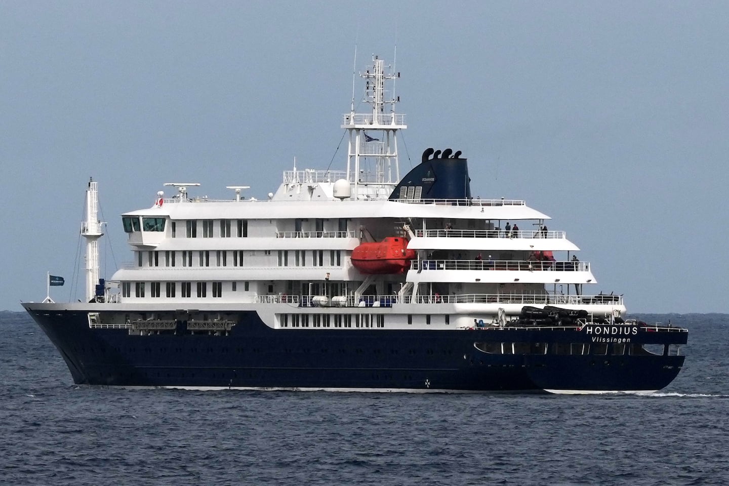 The MV Hondius cruise ship departs the port in Praia, Cape Verde, on May 6.
