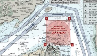 Iranian graphic shows alternative transit corridors near Larak Island, directing vessels away from traditional shipping lanes in the Strait of Hormuz amid reported mine risks.