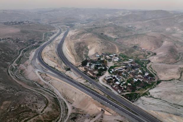 FILE - An aerial view shows the Bedouin hamlet of Khan al-Ahmar in the West Bank, Jan. 24, 2023. (AP Photo/Oded Balilty, File)