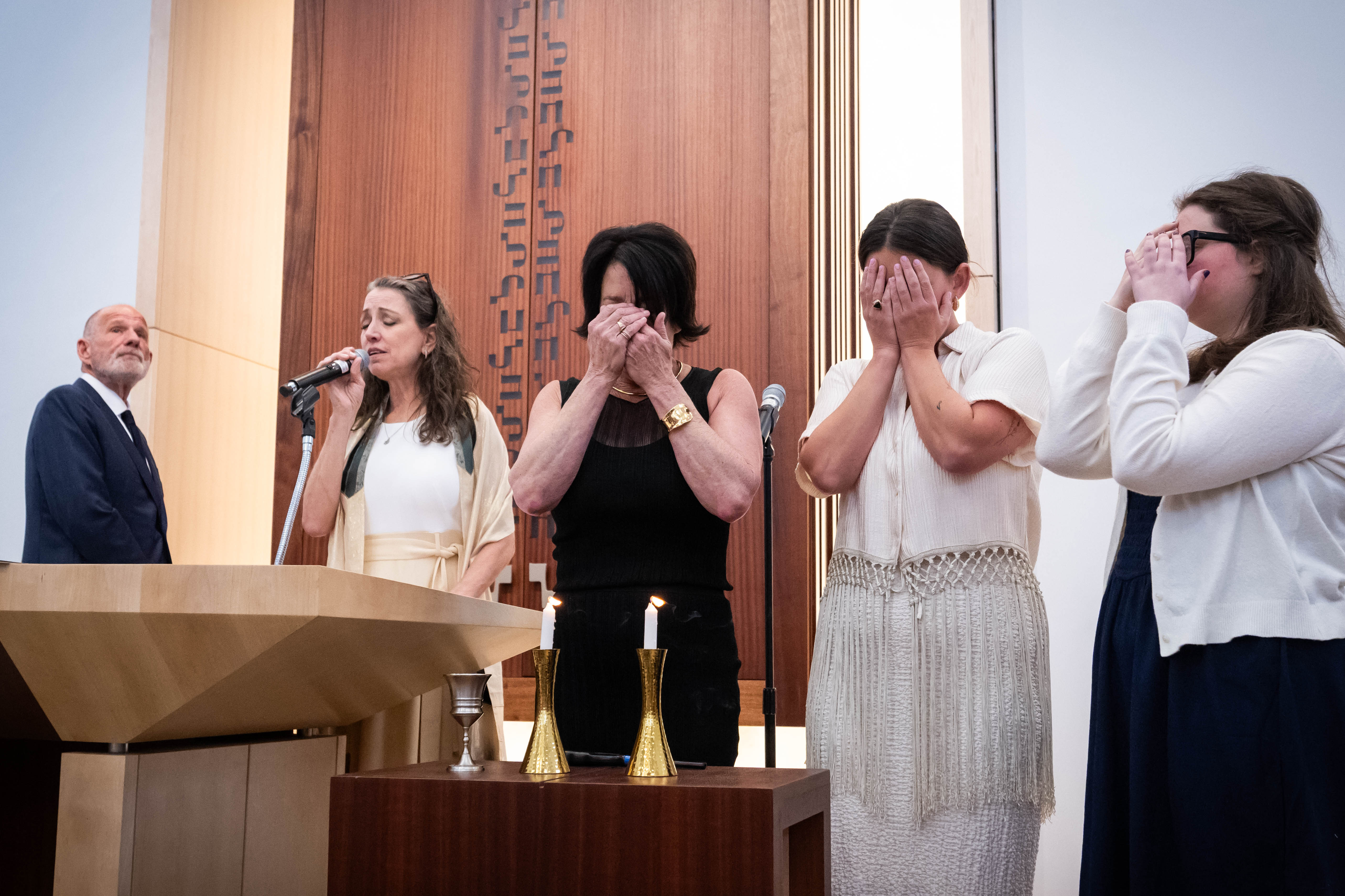 Rabbi Amy Bernstein leads Shabbat services at Kehillat Israel while...