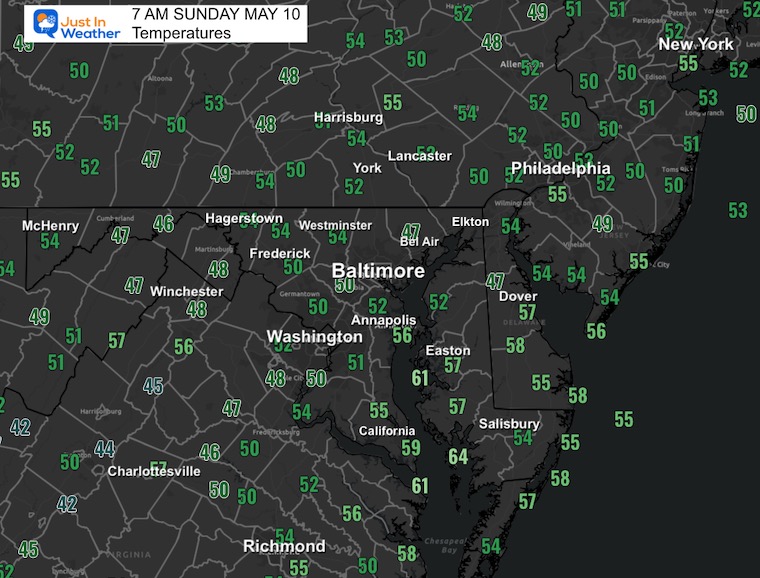 May 10 weather temperatures Sunday Mothers Day morning