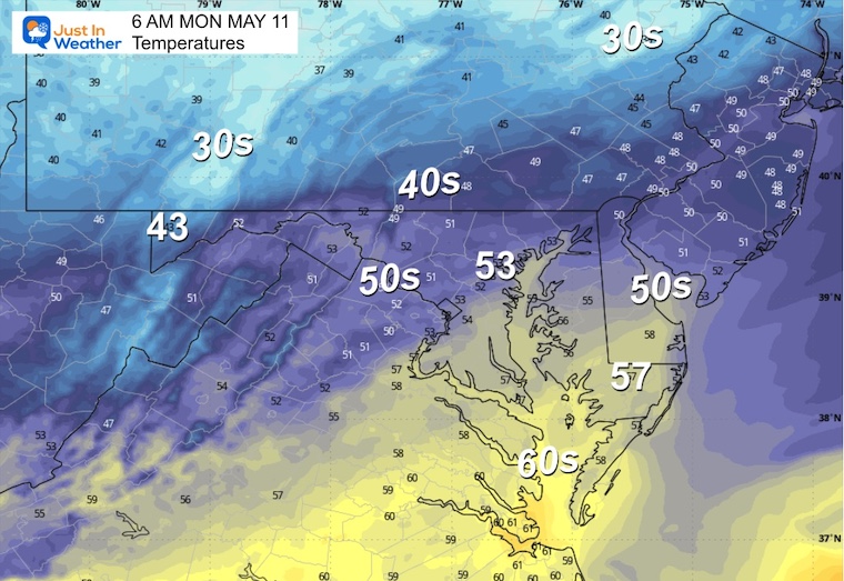 May 10 weather temperatures Monday morning