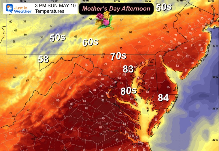 May 10 weather temperatures Mothers Day Sunday afternoon