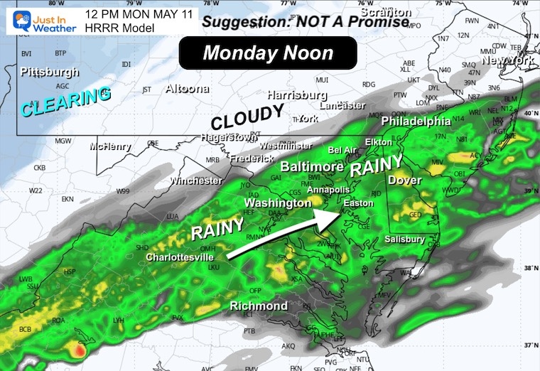 May 11 weather forecast radar rain clouds Monday noon
