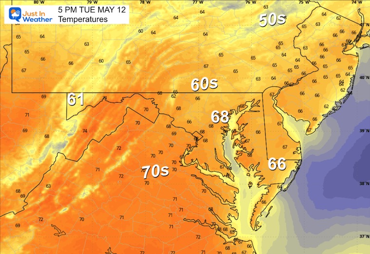 May 11 weather forecast temperatures Tuesday afternoon