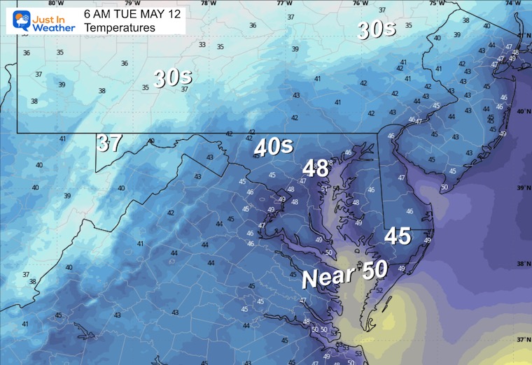 May 11 weather forecast temperatures Tuesday morning