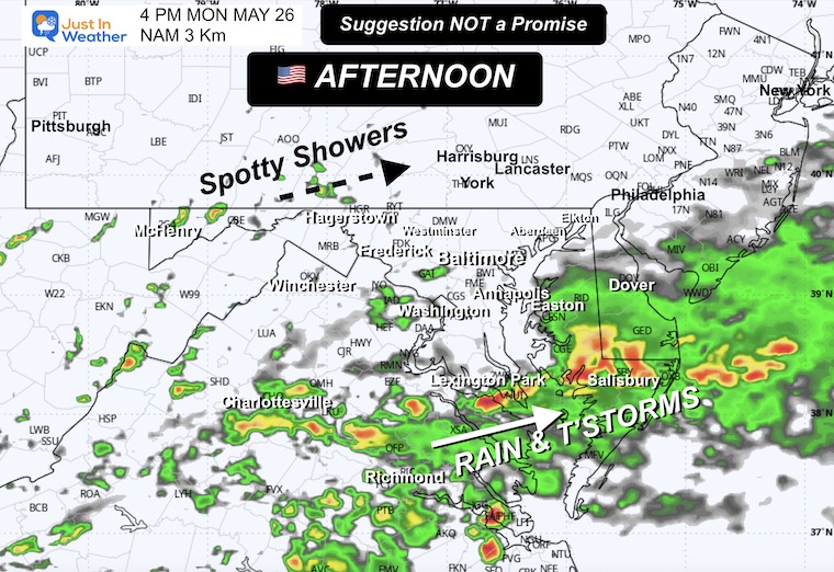 May 25 weather rain radar forecast NAM 3Km Model Monday 4 PM