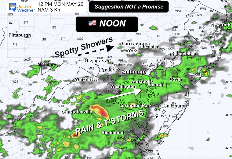 May 25 weather rain radar forecast NAM 3Km Model Monday 12 PM