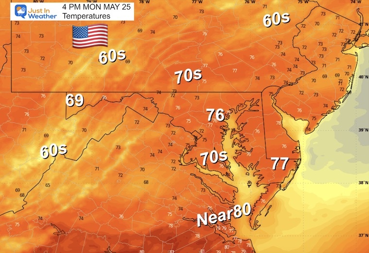 May 25 weather temperatures Memorial Day Monday afternoon