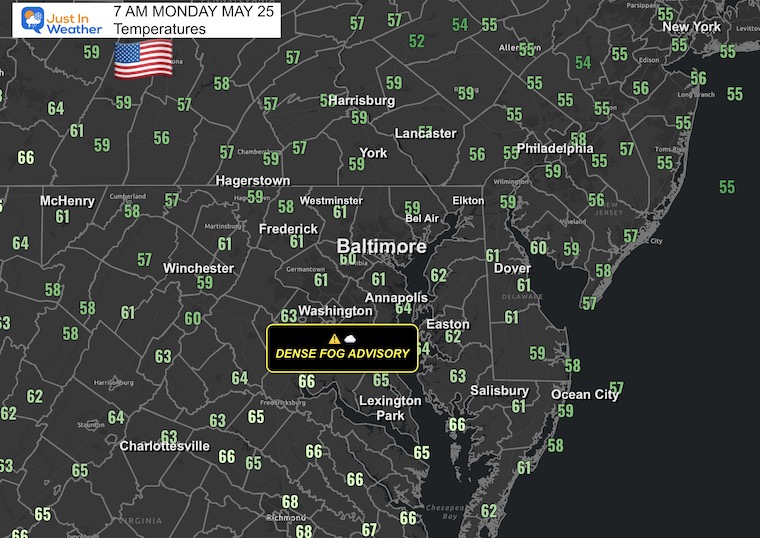 May 25 weather temperatures Memorial Day Monday morning