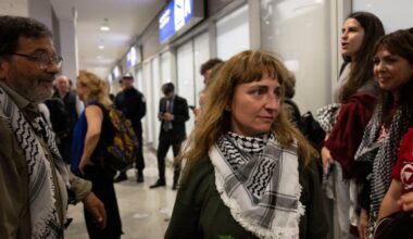 Activists from the Global Sumud Flotilla arrive at Eleftherios Venizelos International Airport in Athens, Greece, on May 22, 2026.