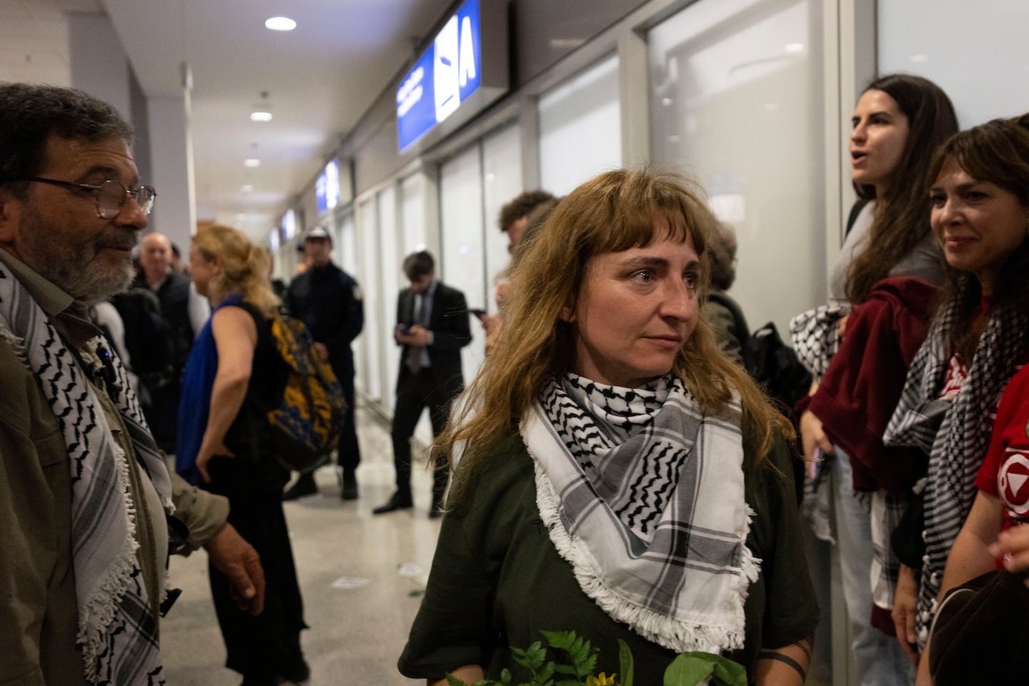 Activists from the Global Sumud Flotilla arrive at Eleftherios Venizelos International Airport in Athens, Greece, on May 22, 2026.