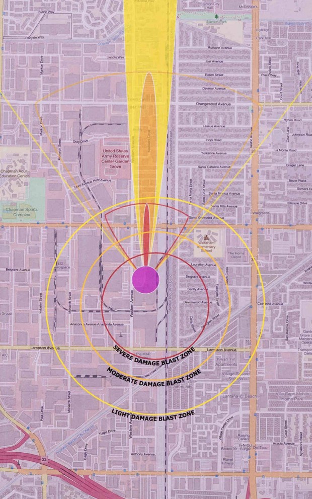 An operations map, showing the expected impact zone of a possible explosion and chemical leak from a hazmat incident at GKN Aerospace in Garden Grove, is posted at the Incident Command Post in the parking lot at the Los Alamitos Race Track on Saturday, May 23, 2026. (Photo by Jeff Antenore, Orange County Register/SCNG)