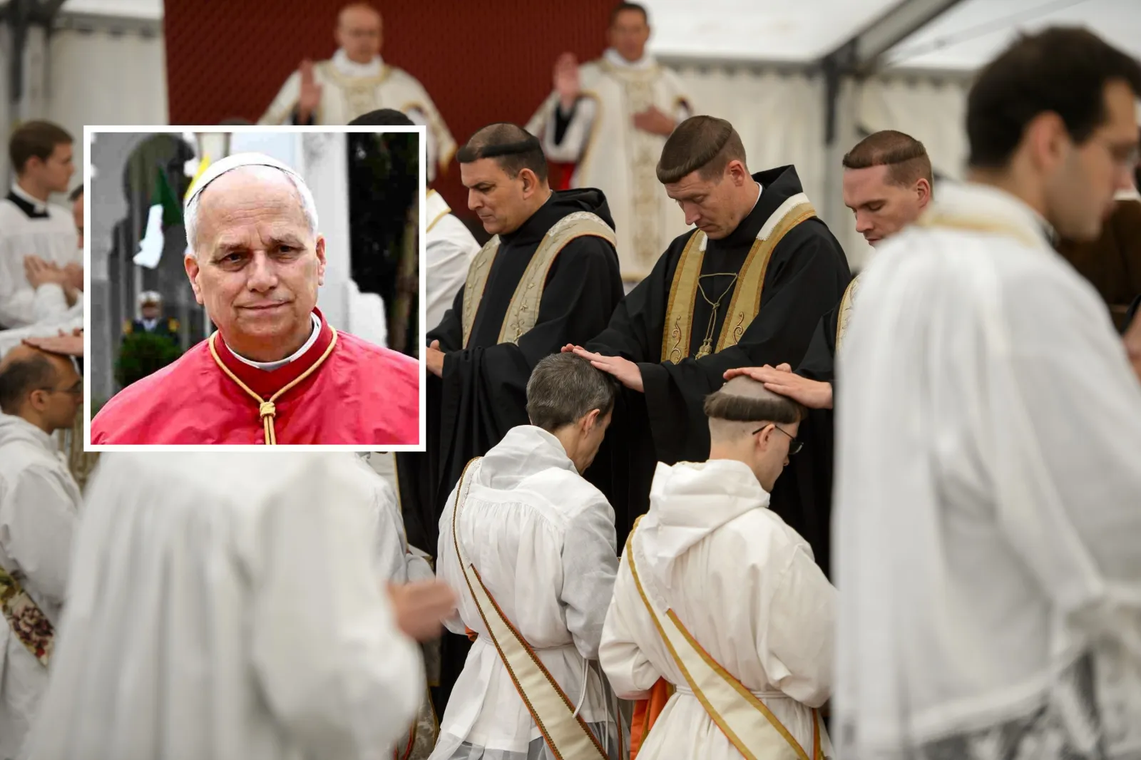 New priests receive the Benediction during an ordination Mass of the breakaway fundamentalist Roman Catholic Society of St Pius X, in Econe, western Switzerland, on June 28, 2013, while Pope Leo XIV, inset, greets the crowd as he leaves after presiding over a Mass at San Pancrazio cathedral in Albano Laziale, Italy, on July 20, 2025.