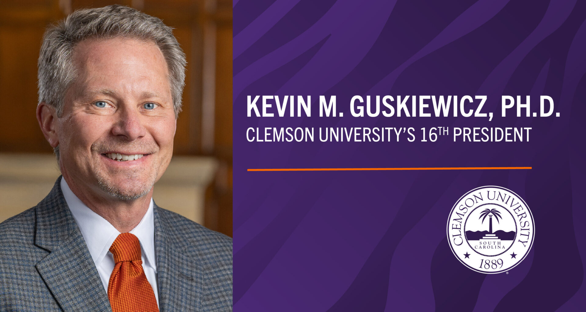 smiling man wearing coat and tie, graphic naming Guskiewicz named 16th president of Clemson University