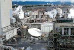 Aerial views of the Nippon Dynawave Packaging Co. in Longview, Wash., showing the scene of a major chemical tank rupture at a Southwest Washington paper mill, May 26, 2026.