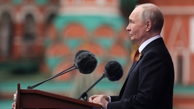 Russia's President Vladimir Putin gives a speech during the Victory Day military parade at Red Square in Moscow. (AFP)