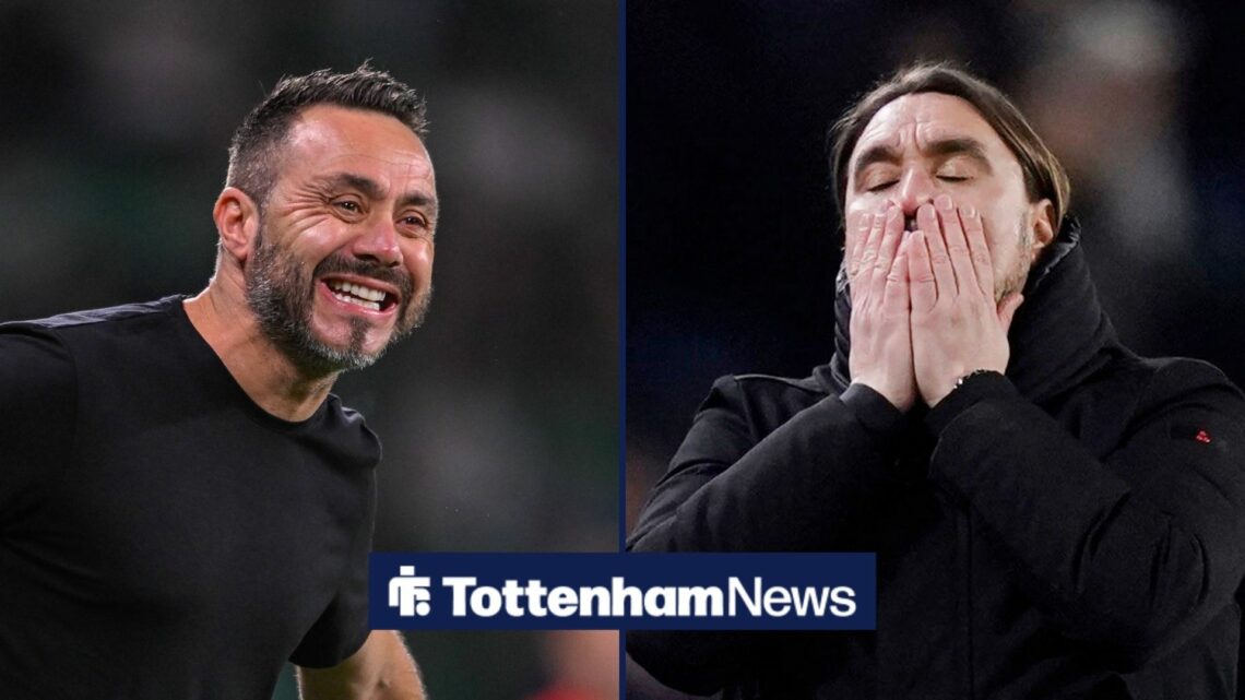 Roberto De Zerbi reacts during the UEFA Champions League clash between Sporting Clube de Portugal v Olympique de Marseille, Daniel Farke, of Leeds,...