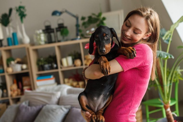 Brightly dressed woman in pink top hugs a playful black and tan dachshund indoors, smiling as the dog straddles her arm. Warm, cozy scene suggests companionship, pet care, home life, joy, and bond between human and pet.