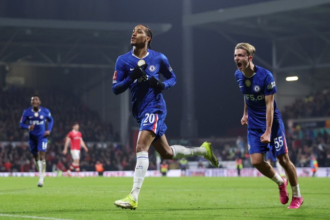 WREXHAM, WALES - MARCH 07: Joao Pedro of Chelsea celebrates scoring his team's fourth goal with teammate Jesse Derry during the Emirates FA Cup Fifth Round match between Wrexham and Chelsea on March 07, 2026 in Wrexham, Wales. (Photo by Chelsea Football Club/Chelsea FC via Getty Images)