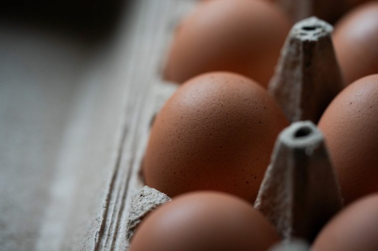 Eggs are seen in a carton on Monday, April 13, 2026, in Portland, Ore. (AP Photo/Jenny Kane)