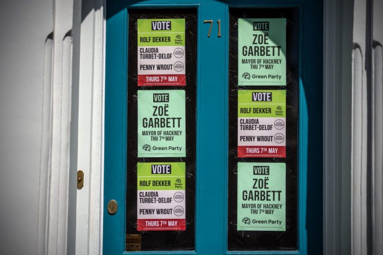 LONDON, ENGLAND - APRIL 29: Green Party posters are displayed in the window of a property in the London borough of Hackney on April 29, 2026 in London, England. (Photo by Carl Court/Getty Images)