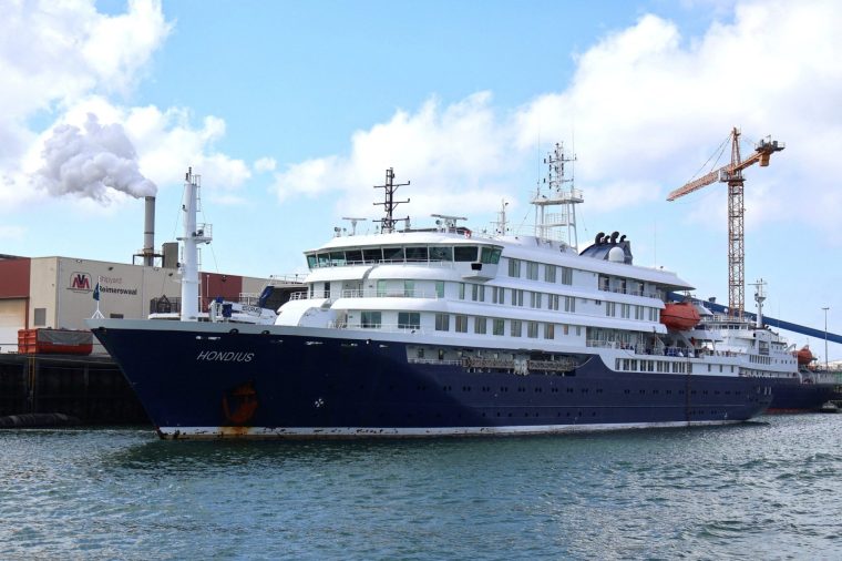 An archive image of the cruise ship Hondius, in Vlissingen, Netherlands May 17, 2025. IMAGE OBTAINED BY REUTERS/Handout via REUTERS THIS IMAGE HAS BEEN SUPPLIED BY A THIRD PARTY NO RESALES. NO ARCHIVES VERIFICATION: - Reuters confirmed the location from the shipyard, signage and fuel depot which matched file and satellite images. - Coordinates of the shipyard: 51.461283930722175, 3.6998162498897433. - The date when the pictures were taken was verified by original file metadata.