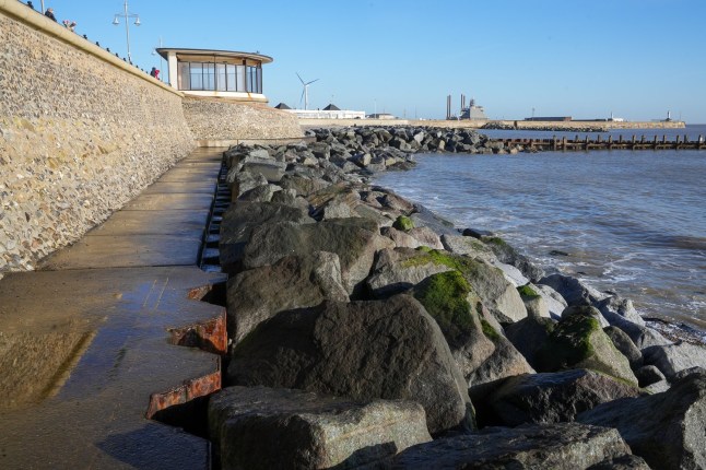 The sea defence rocks at Lowestoft, Suffolk, where Saffron Cole-Nottage, 32, got trapped after slipping on the coastal path, leading her to drown when the tide rose over her