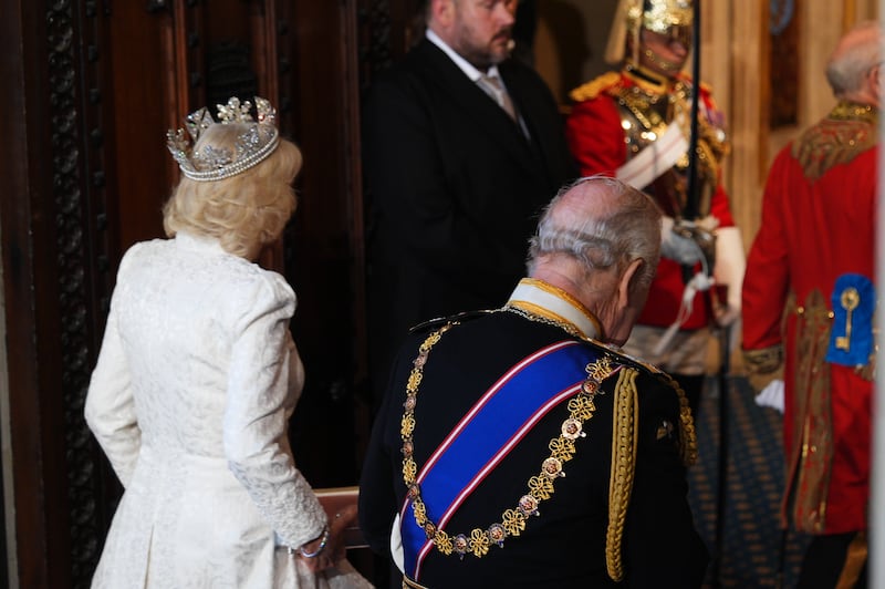 Britain's king Charles and queen Camilla arrive at the opening of parliament in the House of Lords, at the Palace of Westminster in London. Photograph: Aaron Chown/PA Wire